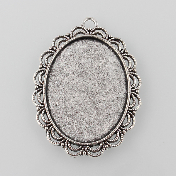 PandaHall Tibetan Style Antique Silver Alloy Flat Oval Pendant Cabochon Settings, Cadmium Free & Lead Free, Tray: 40x30mm, 54x40x3mm, Hole...