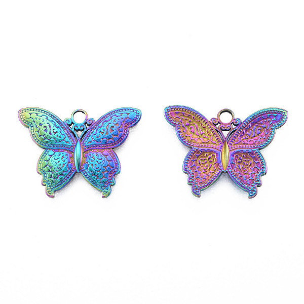 

PandaHall Ion Plating(IP) 201 Stainless Steel Pendants, Butterfly, Rainbow Color, 19x25x2mm, Hole: 2.5mm 201 Stainless Steel Butterfly