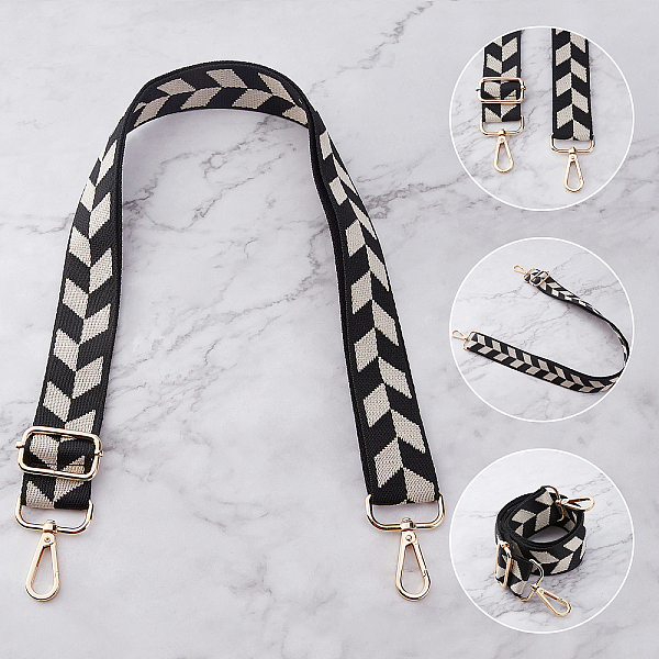 

PandaHall SUPERFINDINGS 1pc 80~140cm Geometric Pattern Adjustable Shouder Bag Strap 3.8cm Wide Purse Strap Replacement Bag Belt with Golden..., Black