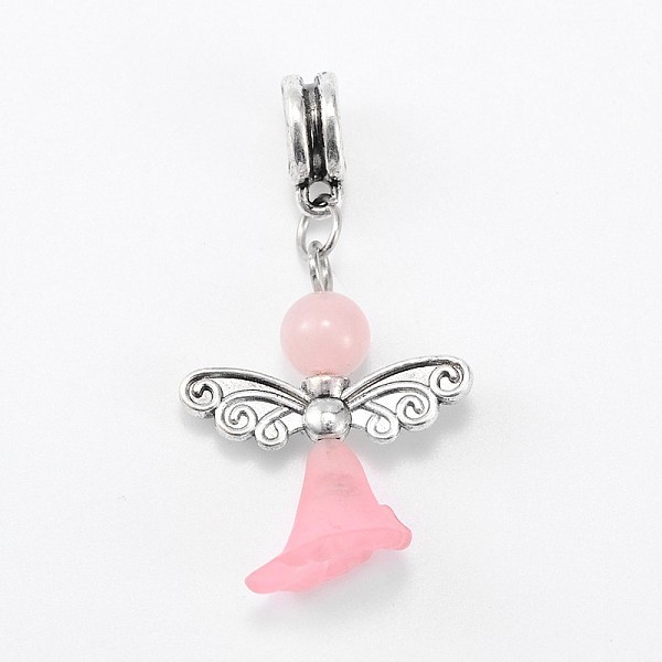 

PandaHall Lovely Wedding Dress Angel Alloy European Dangle Large Hole Pendants, with Rose Quartz Beads and Transparent Acrylic Beads, 38mm..., Pink