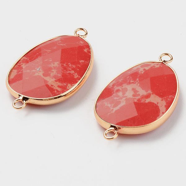 

PandaHall Natural Dyed Regalite/Imperial Jasper/Sea Sediment Jasper Links, with Light Gold Plated Edge Brass Loops, Faceted, Oval, Red...