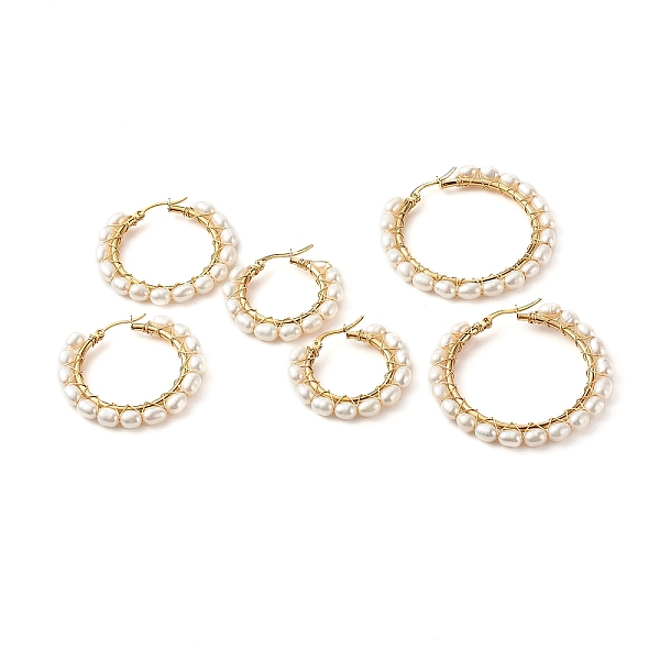 

PandaHall Natural Pearl Beads Brass Hoop Earrings, with 304 Stainless Steel Hooks, Ring, White, 30~46x30~48x4.5mm, Pin: 0.7mm, 3 Pairs/set...