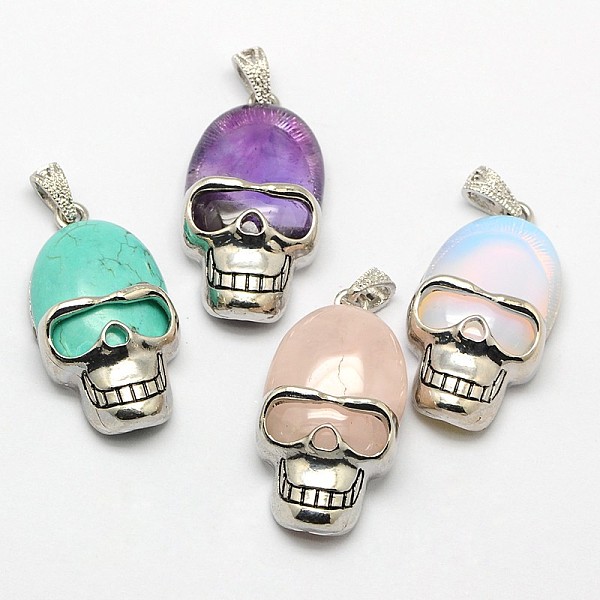 PandaHall Personalized Retro Halloween Skull Jewelry Bezel Natural & Synthetic Mixed Gemstone Pendants, with Antique Silver Plated Alloy...