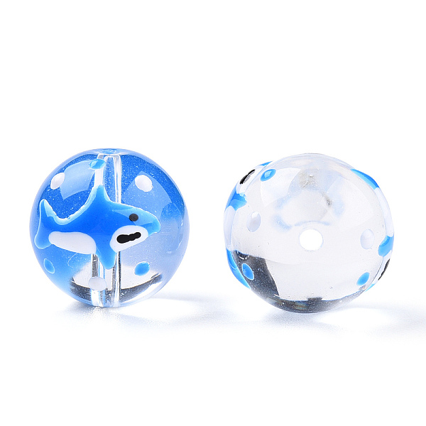 

PandaHall Transparent Handmade Lampwork Beads, Round with Shark Pattern, Dodger Blue, 13x12x11mm, Hole: 1.2~1.5mm Lampwork Round