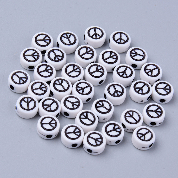 

PandaHall Opaque White Acrylic Beads, Flat Round with Black Peace Sign, 6.5x3.5mm, Hole: 1.6mm, about 3600pcs/500g Acrylic Flat Round Black
