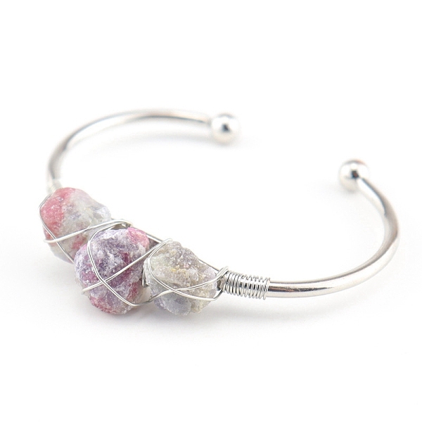 

PandaHall Natural Tourmaline Chips Beaded Cuff Bangles, Metal Wire Wrap Bangle, Inner Diameter: 2-1/2 inch(6.5cm) Tourmaline