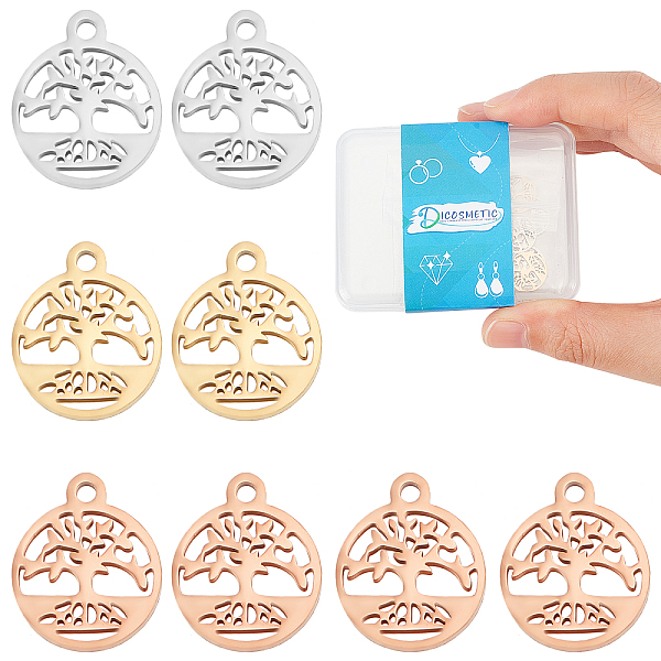 

PandaHall DICOSMETIC 12Pcs 3 Colors 304 Stainless Steel Charms, Flat Round with Tree Pattern, Mixed Color, 13.5x11.5x1.3mm, Hole: 1.4mm...