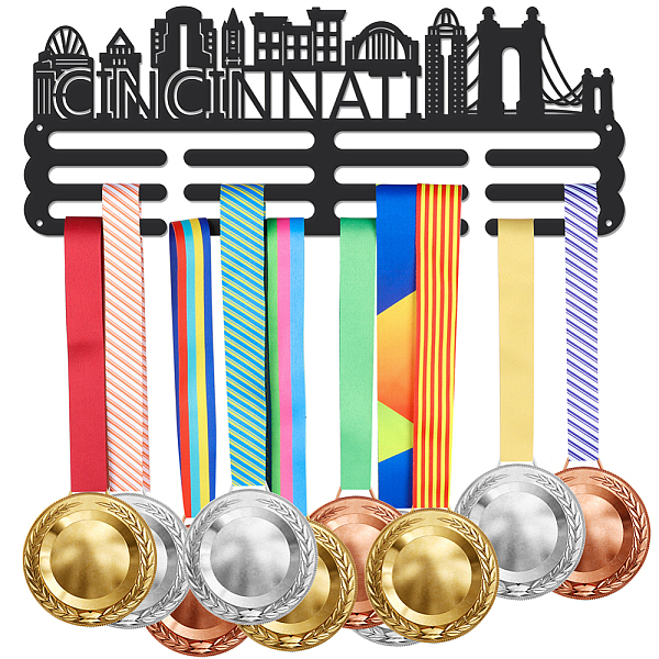 

PandaHall Cincinnati Theme Iron Medal Hanger Holder Display Wall Rack, with Screws, City Silhouette Pattern, 150x400mm Iron Others