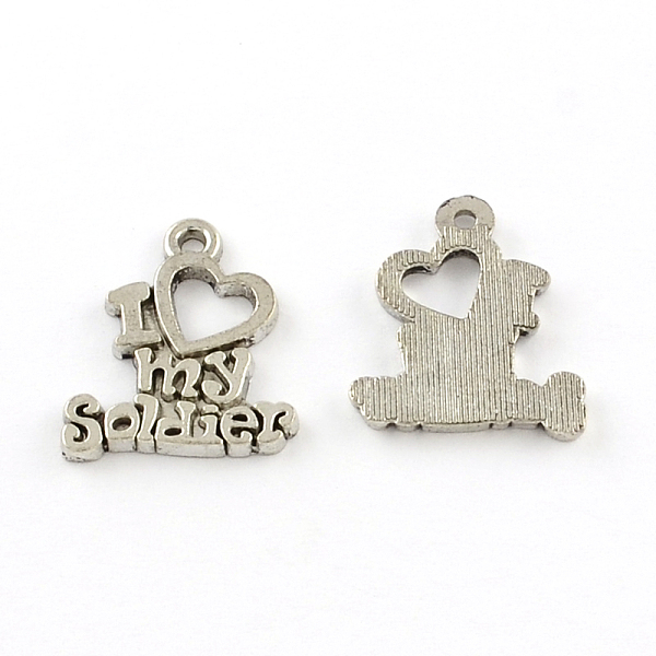 

PandaHall Tibetan Style Zinc Alloy Pendants, Phrase I love my soldier, Lead Free & Cadmium Free, Antique Silver, 20x17x1.5mm, Hole: 2mm...