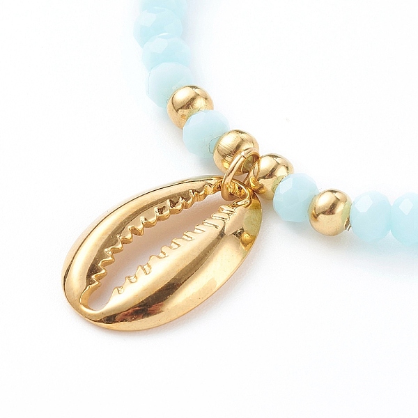 

PandaHall Golden Plated 304 Stainless Steel Stretch Charm Bracelets, with Glass Beads, Cowrie Shell, Light Cyan, Inner Diameter: 2-1/8 inch...