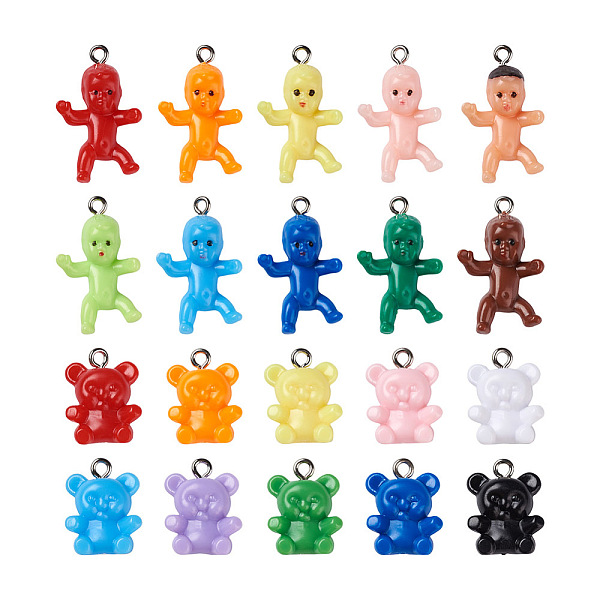 

PandaHall 80Pcs 20 Styles Opaque Plastic Pendants, with Platinum Tone Iron Loop, Mixed Color, 4pcs/style Plastic Mixed Shapes Multicolor