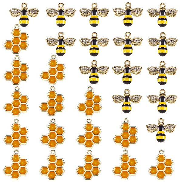 

PandaHall 30Pcs 2 Style Alloy Pendants, Alloy Rhinestone Pendants, with Enamel, Bees & Honeycomb, Golden, 14~21x16.5~17x1.5~4mm, Hole..., Clear