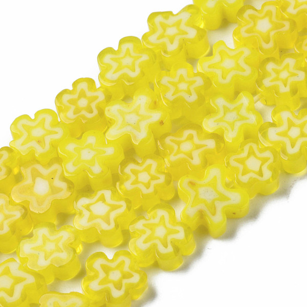 PandaHall Handmade Millefiori Glass Bead Strands, Flower, Yellow, 5.5~8x2.5mm, Hole: 1mm, about 64~67pcs/strand, 15.75 inch~16.34 inch...