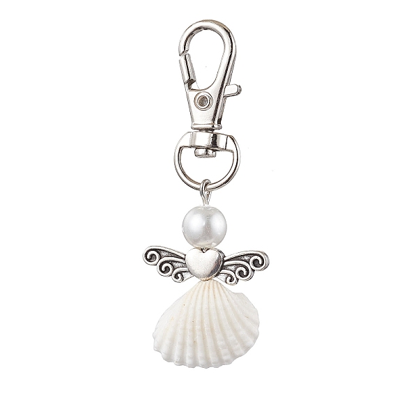 

PandaHall Angel Spiral Shell Pendant Decooration, Glass Pearl Round Bead & Alloy Swivel Lobster Claw Clasps Charms for Bag Ornaments, Heart..., White