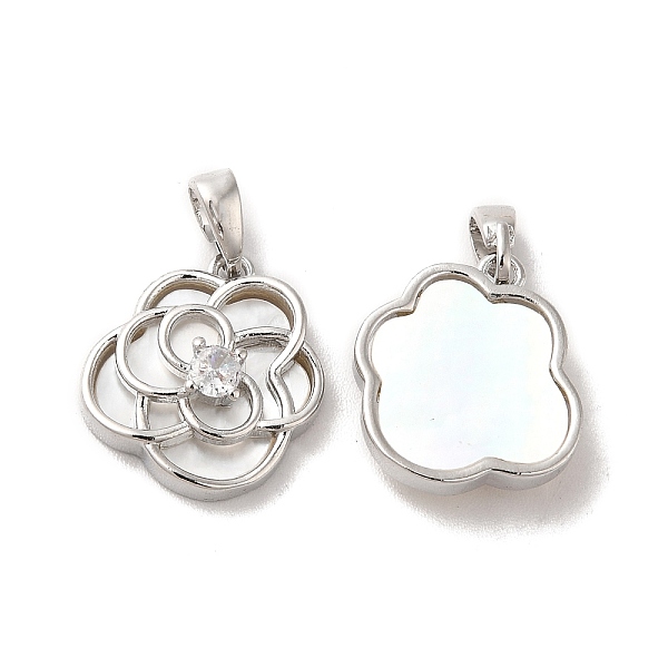 

PandaHall Brass Crystal Rhinestone Flower Charms with Natural Shell, Platinum, 15x14x4mm, Hole: 2x4.8mm Shell Flower Clear