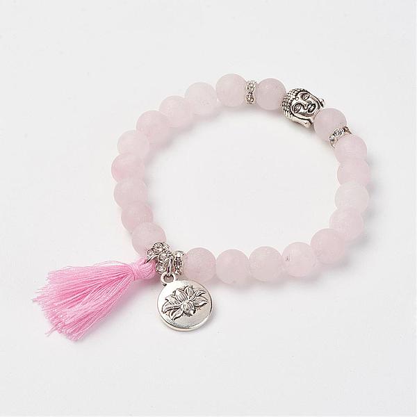 

PandaHall Natural Rose Quartz Beads Stretch Bracelets, with Brass & Alloy Findings & Tassel Pendants, Frosted, Round & Buddha Head, Burlap...