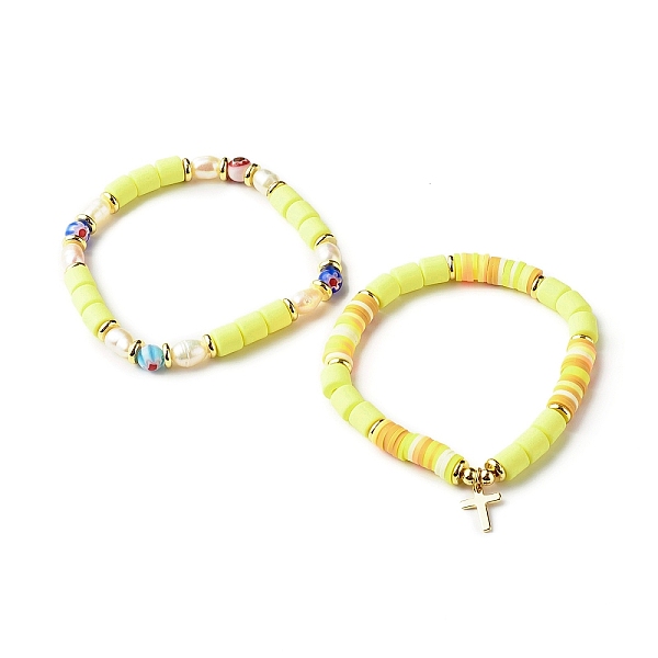 

PandaHall Handmade Polymer Clay Stretch Bracelets Sets, with Millefiori Glass Beads and Pearl Beads, Brass Beads and Cross Charm, Light...