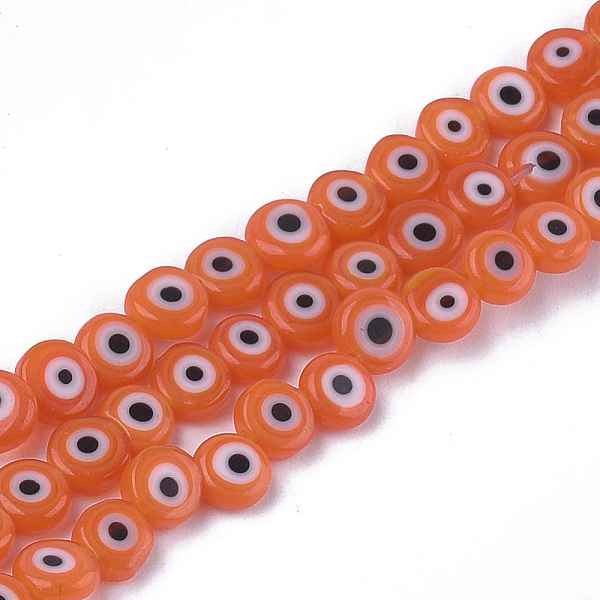 

PandaHall Handmade Evil Eye Lampwork Beads Strands, Flat Round, Coral, 6x2.5mm, Hole: 1mm, about 64~65pcs/strand, 14.1 inch~14.5 inch..., Red