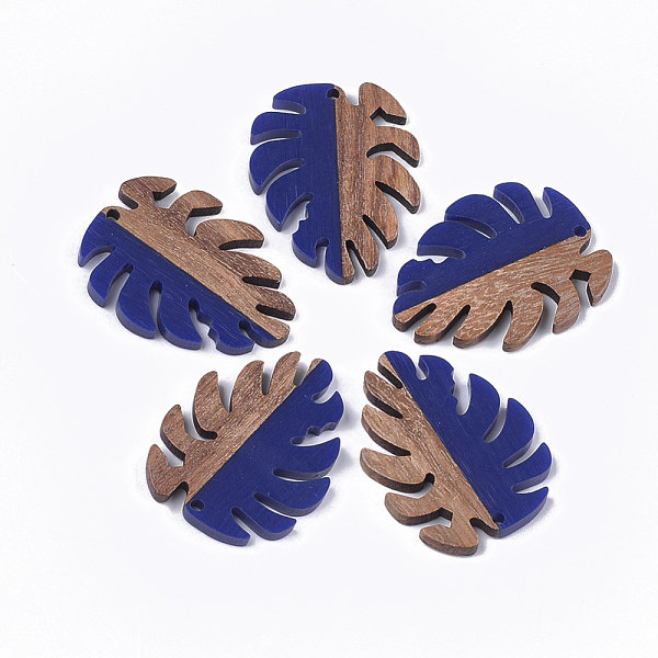 

PandaHall Resin & Walnut Wood Pendants, Tropical Leaf Charms, Monstera Leaf, Dark Blue, 37.5x30x3~3.5mm, Hole: 2mm Resin+Wood Leaf Blue