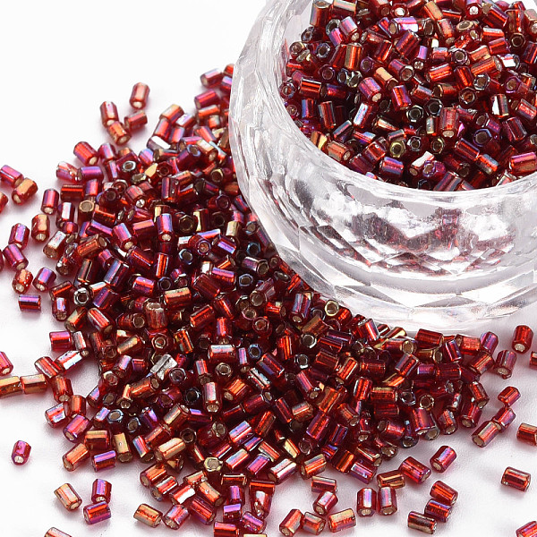 

PandaHall Glass Bugle Beads, Silver Lined Colours Rainbow, FireBrick, 2.5~3x2mm, Hole: 0.9mm, about 15000pcs/pound Glass Red