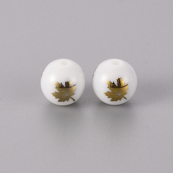 

PandaHall Electroplate Glass Beads, Round, Maple Leaf Pattern, Golden Plated, 10mm, Hole: 1.2mm Glass Leaf
