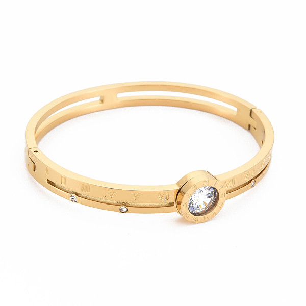 

PandaHall Crystal Rhinestone Flat Round Bangle with Roman Numeral, Stainless Steel Hinged Bangle for Women, Golden, Inner Diameter...