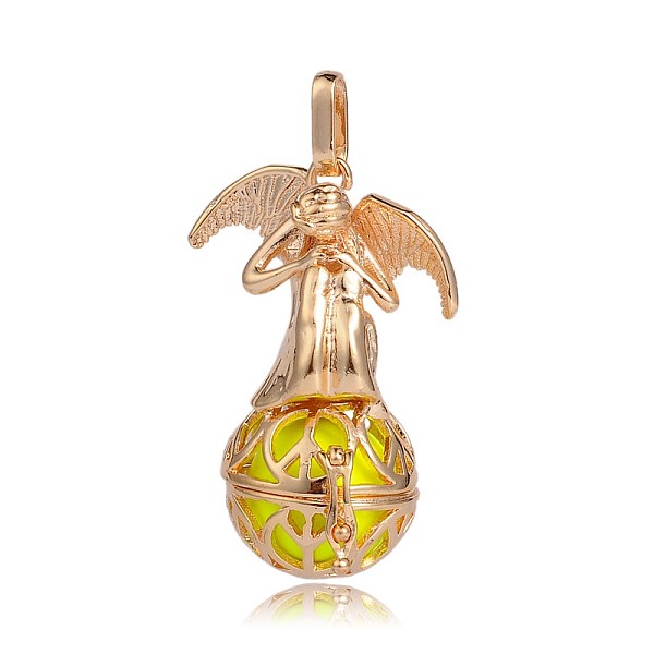 

PandaHall Golden Plated Brass Hollow Round Cage Pendants, with No Hole Spray Painted Brass Round Beads, Angel, Yellow, 44x29x20mm, Hole...