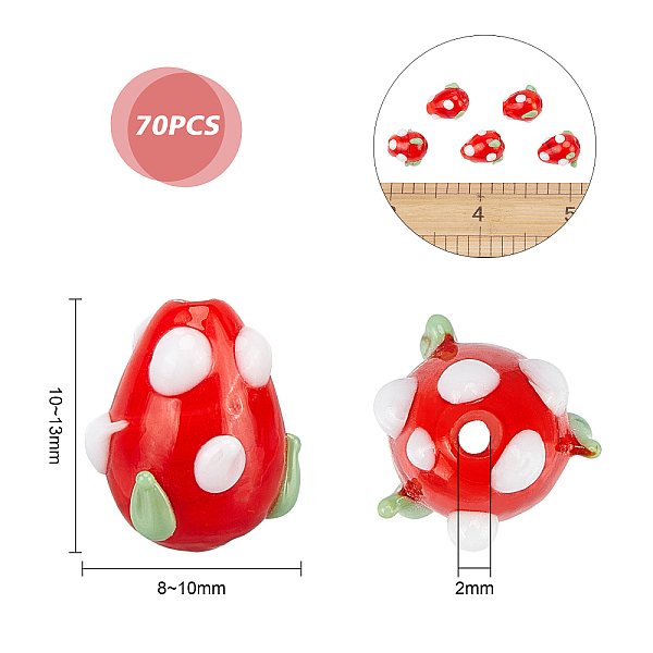 OLYCRAFT 70Pcs Red Strawberry Beads Handmade Lampwork Beads 3D Glass Beads For DIY Jewelry Making With 2mm Hole 10-13x8-10mm