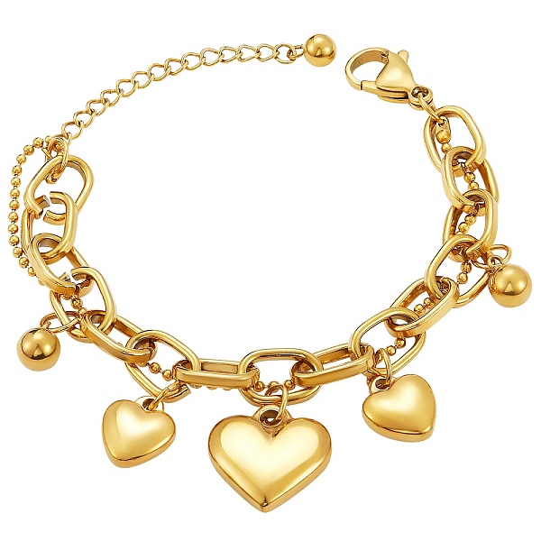 

PandaHall Titanium Steel Heart Charm Bracelets for Women, Multi-strand Bracelets, with Cable Chains & Ball Chains, Golden Titanium Steel