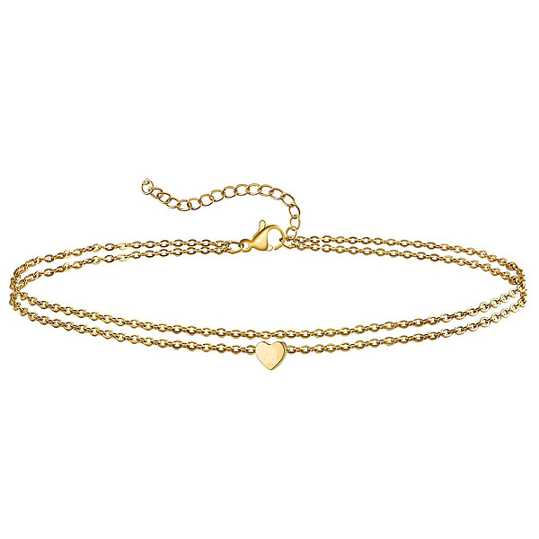 Summer Beach 201 Stainless Steel Cable Chain Heart Link Double Layer Anklets for Women