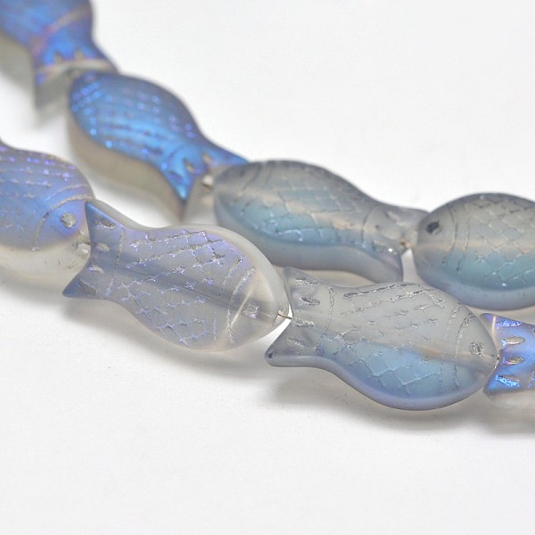 

PandaHall Frosted Electroplate Glass Fish Beads Strands, Rainbow Plated, Light Sea Green, 15x8x5mm, Hole: 1mm, about 30pcs/strand, 16 inch...
