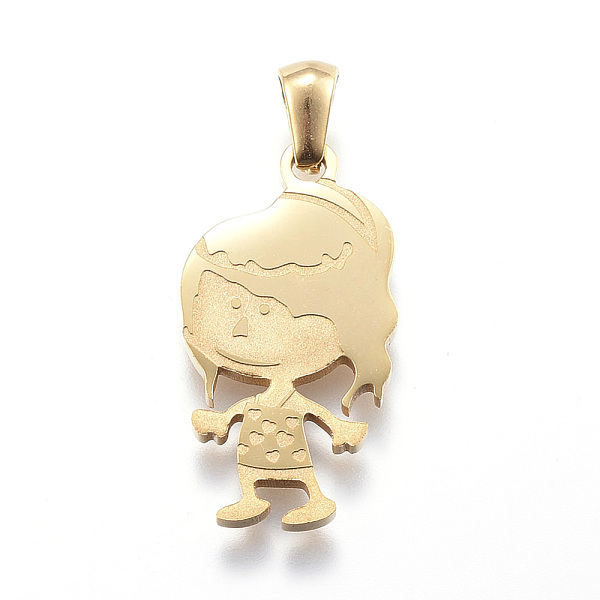 

PandaHall Ion Plating(IP) 304 Stainless Steel Pendants, Girl, Golden, 26x14x2mm, Hole: 3x6mm 304 Stainless Steel Human