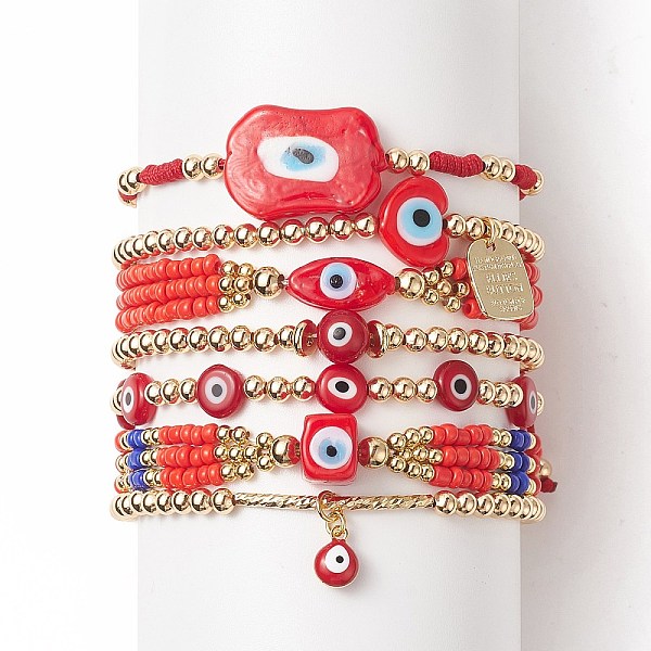 

PandaHall 7Pcs 7 Style Evil Eye Lampwork & Glass Seed & Brass Beaded Stretch Bracelets Set for Women, Alloy Word Charms Stackable Bracelets..., Red