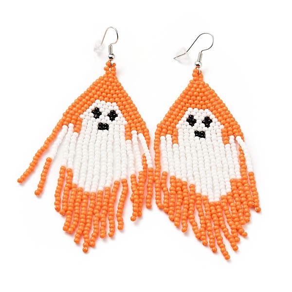 

PandaHall Glass Seed Braided Ghost Chandelier Earrings, Chain Tassel Alloy Halloween Earrings for Women, Orange, 98mm, Pin: 0.6mm Glass...