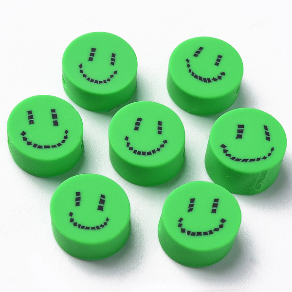 PandaHall Handmade Polymer Clay Beads, for DIY Jewelry Crafts Supplies, Flat Round with Smiling Face, Spring Green, 9x4~5mm, Hole: 1.6mm...
