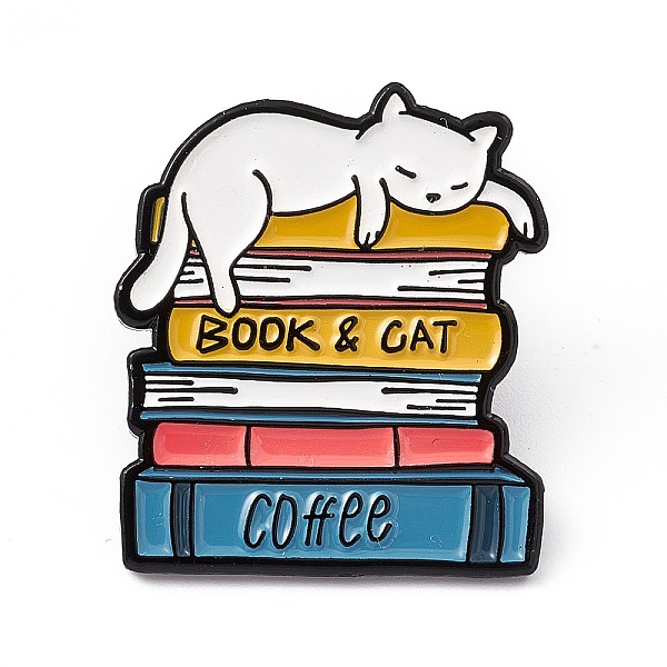 PandaHall Book & Cat Coffee Enamel Pin, Electrophoresis Black Alloy Brooch for Cat Person, Book Pattern, 31x27x2mm, Pin: 1.3mm Alloy+Enamel...