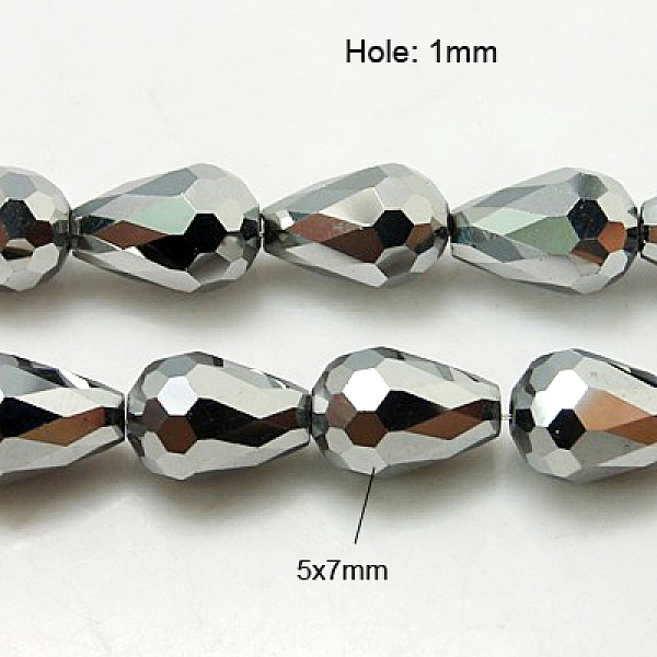 

PandaHall Electroplate Glass Beads Strands, Faceted, teardrop, Silver Plated, 7x5mm, Hole: 1mm, about 65~67pcs/strand, 18~18.5 inch...