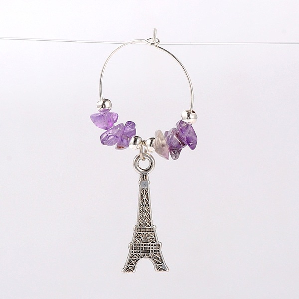 

PandaHall Natural Gemstone Wine Glass Charms, with Tibetan Style Alloy Eiffel Tower Pendant, Iron Beads and Brass Hoop Earrings, Platinum...