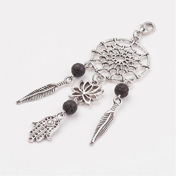 

PandaHall Alloy Pendant Decorations, with Natural Lava Rock and Brass Lobster Claw Clasps, Lotus & Hamsa Hand/Hand of Fatima/Hand of Miriam..., Black