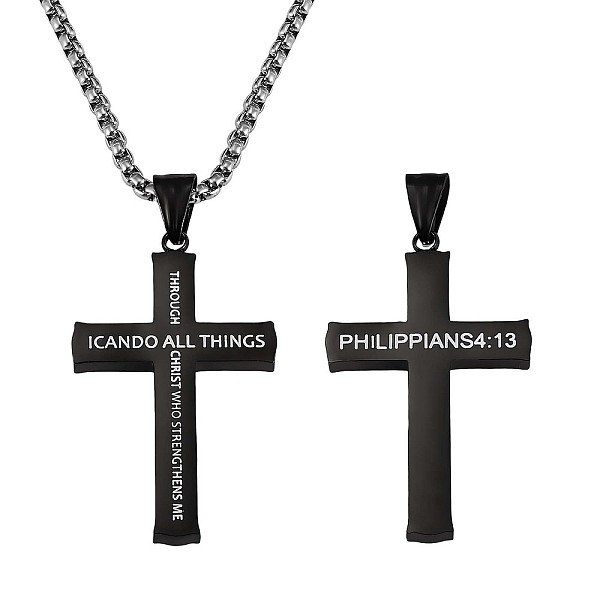 

PandaHall Titanium Steel Cross with Philippians 4:13 Pendant Necklace, Religion Jewelry for Men Women, Gunmetal, 23.62 inch(60cm) Titanium...