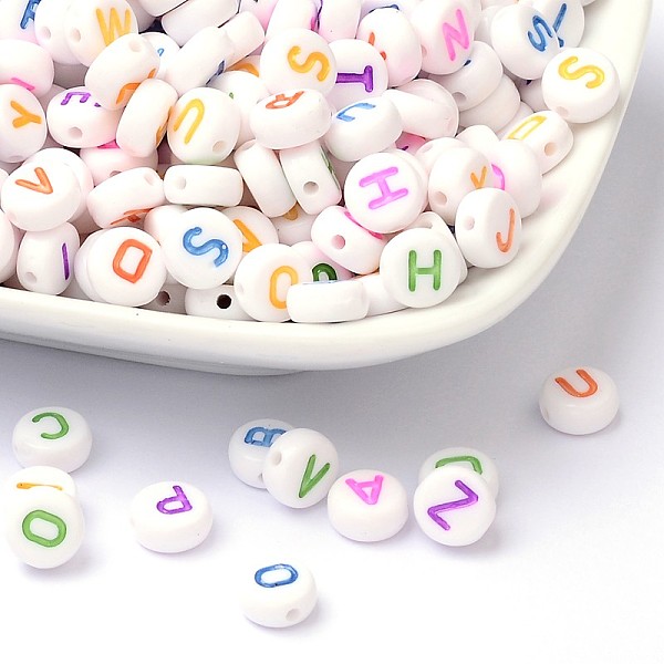 

PandaHall Initial White Acrylic Beads, Flat Round with Mixed Color Letter, 7x4mm, Hole: 1.3mm Acrylic Flat Round White