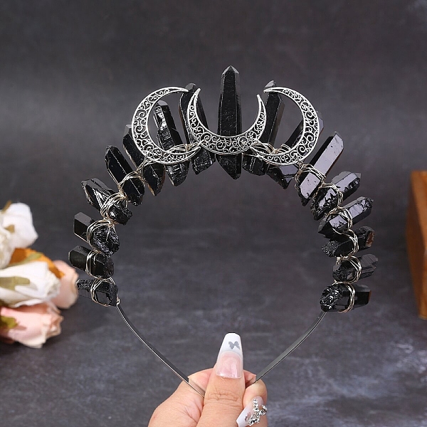 

PandaHall Hollow Moon Metal Crown Hair Bands, Raw Natural Quartz Crystal Wrapped Hair Hoop for Women Girl, Antique Silver, Black...