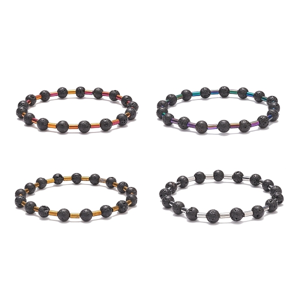 

PandaHall Natural Lava Rock Round & Glass Column Beaded Stretch Bracelet, Essential Oil Gemstone Jewelry for Men Women, Mixed Color, Inner...