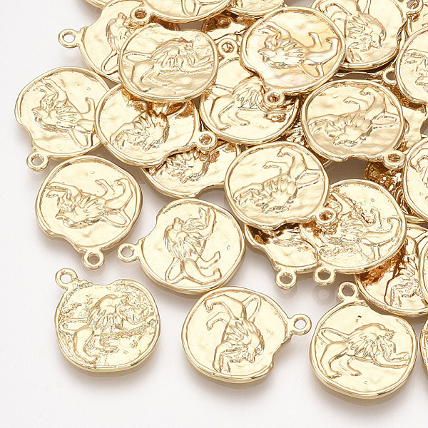 

PandaHall Brass Pendants, Flat Round with Constellations, Real 18K Gold Plated, Leo, 16x14x1~1.5mm, Hole: 1mm Brass Leo