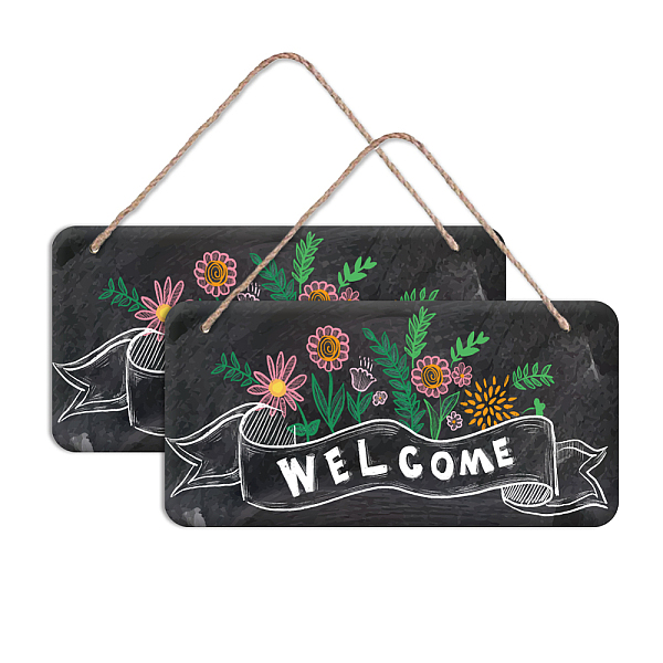 PandaHall SUPERDANT 2pcs Blackboard with Flowers Welcome Sign Rustic Wood Door Hanging Sign Rectangle Front Door Wall Hanging Sign for...