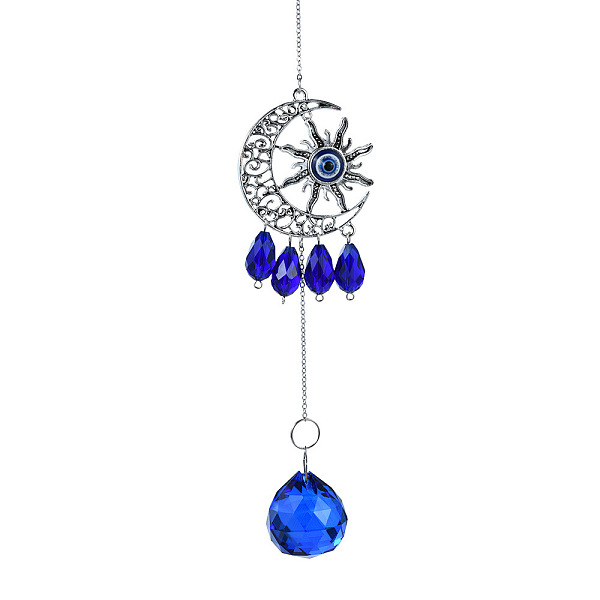 

PandaHall Glass with Metal Sun Catcher Pendant, Evil Eye Decorations, Moon, 330mm Glass Moon Blue