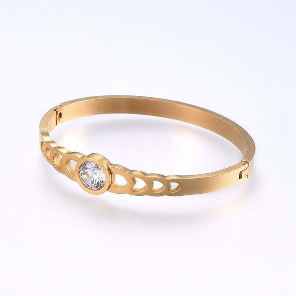 

PandaHall 304 Stainless Steel Bangles, with Cubic Zirconia, Flat Round, Golden, 2-1/4 inch(5.7cm)x1-7/8 inch(4.8cm), 5~10.5mm Cubic Zirconia..., Clear