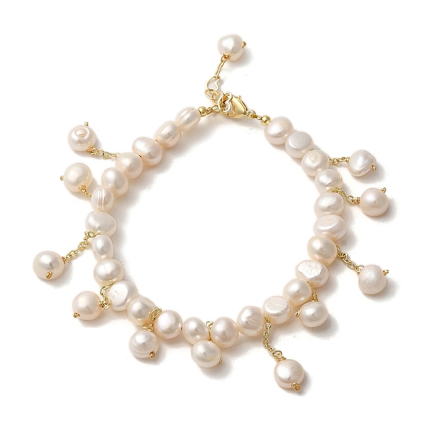 

PandaHall Natural Pearl Beads Charm Bracelets, with Brass Chains, Real 14K Gold Plated, 6-5/8 inch(16.7cm) Pearl