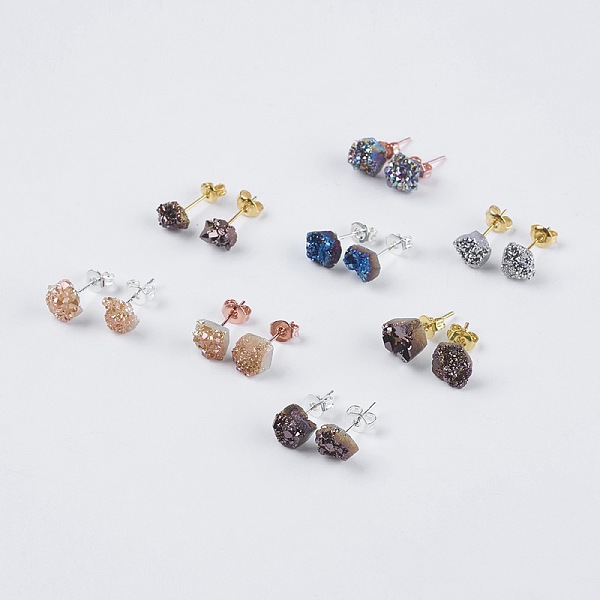 

PandaHall Brass Ear Stud Components, with Natural Druzy Agate, Nuggets, Mixed Color, 6~9x5~8.5x3~7mm, Pin: 0.7mm Natural Agate Nuggets..., Multicolor