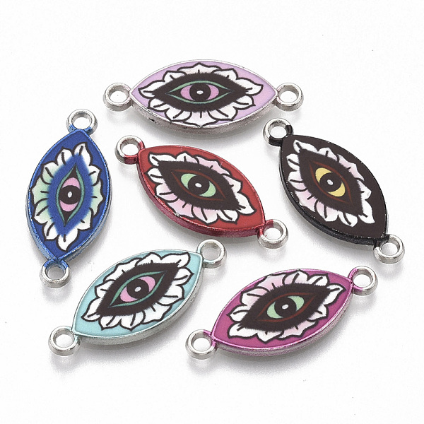 

PandaHall Printed Alloy Links connectors, with Enamel, Platinum, Eye, Mixed Color, 11x25.5x2mm, Hole: 1.8mm Alloy+Enamel Eye Multicolor